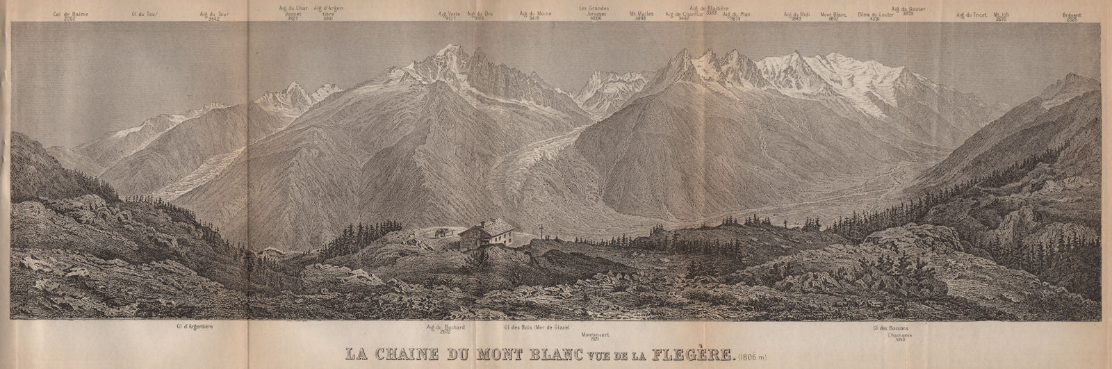 PANORAMA. MONT BLANC MASSIF from FLEGÈRE 1806m. Chamonix. Haute-Savoie 1901 map
